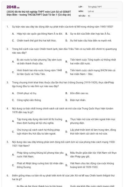 (2024) Đề thi thử tốt nghiệp THPT môn Lịch Sử sở GD&ĐT Điện Biên - trường THCS&THPT Quài Tở lần 1 (Có đáp án)