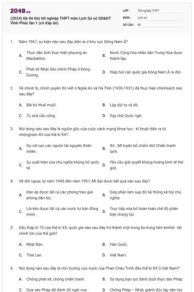 (2024) Đề thi thử tốt nghiệp THPT môn Lịch Sử sở GD&ĐT Vĩnh Phúc lần 1 (có đáp án)