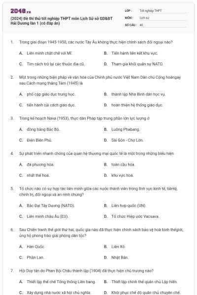 (2024) Đề thi thử tốt nghiệp THPT môn Lịch Sử sở GD&ĐT Hải Dương lần 1 (có đáp án)