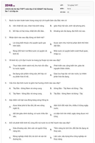 (2024) Đề thi thử THPT môn Địa lí Sở GD&ĐT Hải Dương lần 1 có đáp án