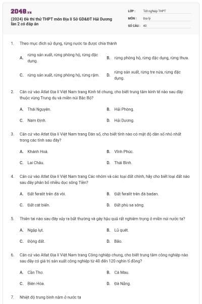(2024) Đề thi thử THPT môn Địa lí Sở GD&ĐT Hải Dương lần 2 có đáp án