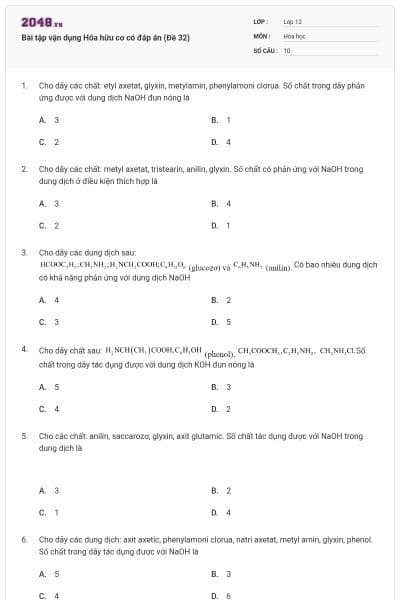 Bài tập vận dụng Hóa hữu cơ có đáp án (Đề 32)