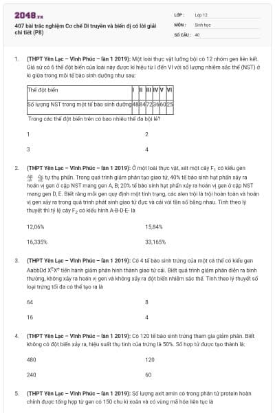 407 bài trắc nghiệm Cơ chế Di truyền và biến dị có lời giải chi tiết (P8)