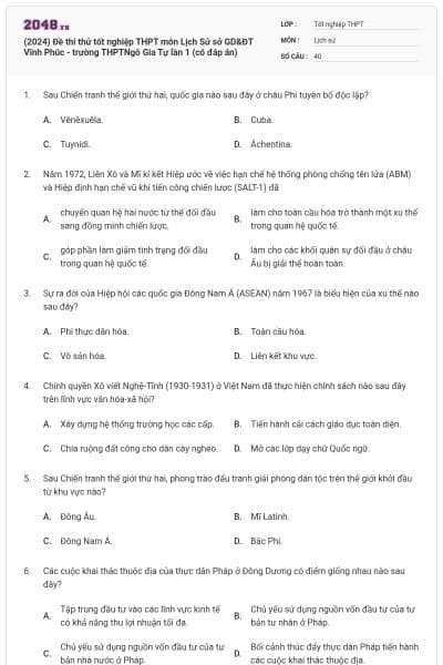 (2024) Đề thi thử tốt nghiệp THPT môn Lịch Sử sở GD&ĐT Vĩnh Phúc - trường THPTNgô Gia Tự lần 1 (có đáp án)