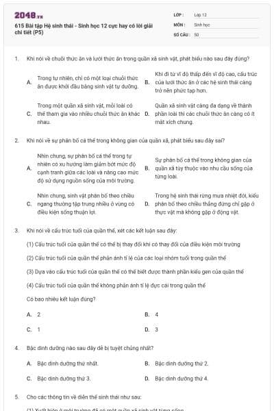 615 Bài tập Hệ sinh thái - Sinh học 12 cực hay có lời giải chi tiết (P5)