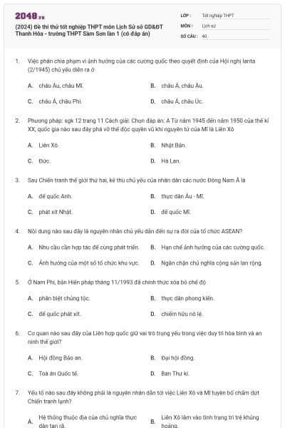 (2024) Đề thi thử tốt nghiệp THPT môn Lịch Sử sở GD&ĐT Thanh Hóa - trường THPT Sầm Sơn lần 1 (có đáp án)