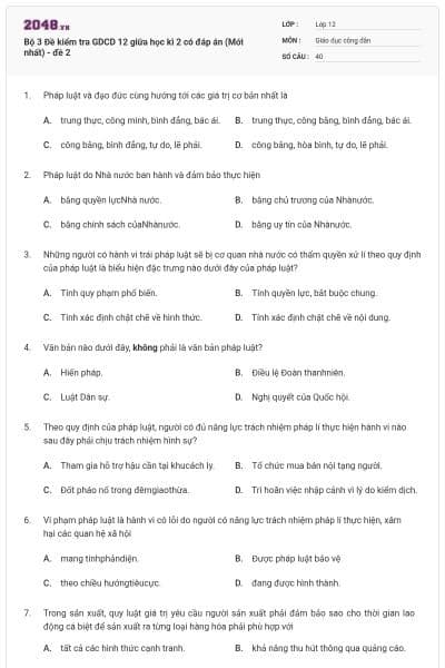 Bộ 3 Đề kiểm tra GDCD 12 giữa học kì 2 có đáp án (Mới nhất) - đề 2