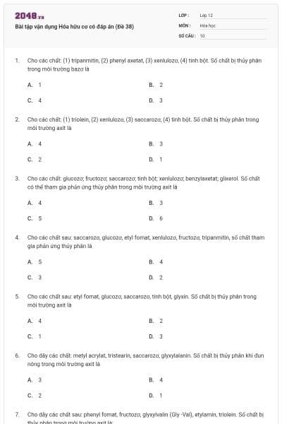 Bài tập vận dụng Hóa hữu cơ có đáp án (Đề 38)