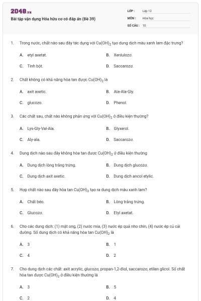 Bài tập vận dụng Hóa hữu cơ có đáp án (Đề 39)