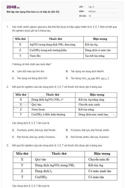 Bài tập vận dụng Hóa hữu cơ có đáp án (Đề 43)