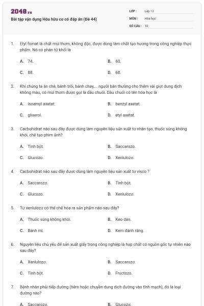 Bài tập vận dụng Hóa hữu cơ có đáp án (Đề 44)