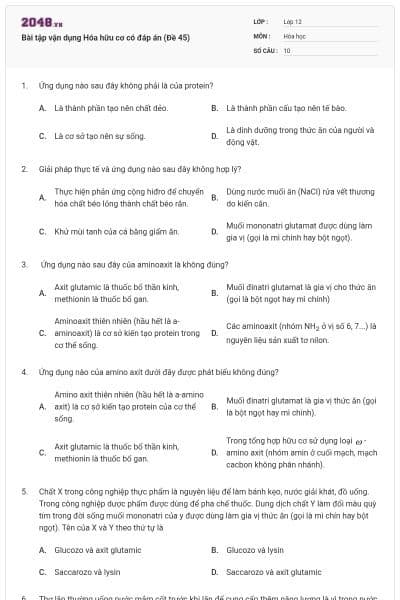 Bài tập vận dụng Hóa hữu cơ có đáp án (Đề 45)