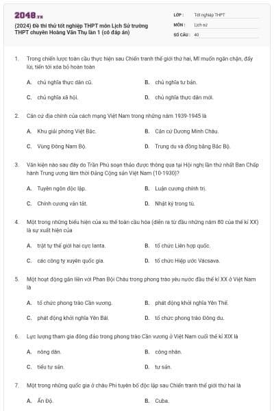 (2024) Đề thi thử tốt nghiệp THPT môn Lịch Sử trường THPT chuyên Hoàng Văn Thụ lần 1 (có đáp án)
