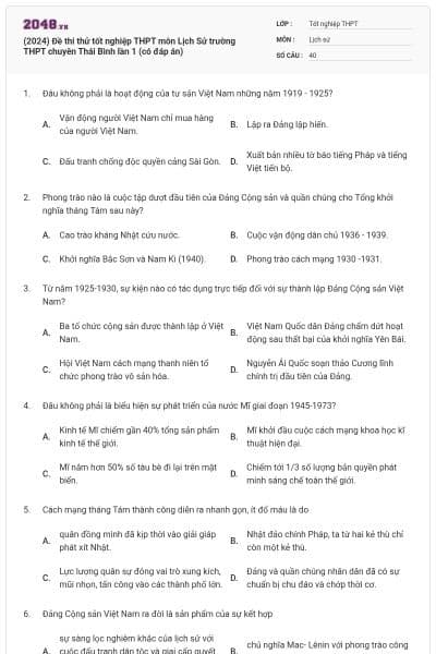 (2024) Đề thi thử tốt nghiệp THPT môn Lịch Sử trường THPT chuyên Thái Bình lần 1 (có đáp án)