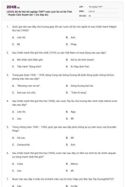 (2024) Đề thi thử tốt nghiệp THPT môn Lịch Sử sở Hà Tỉnh - Huyện Cẩm Xuyên lần 1 (có đáp án)
