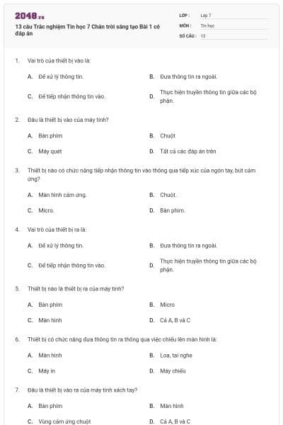 13 câu Trắc nghiệm Tin học 7 Chân trời sáng tạo Bài 1 có đáp án