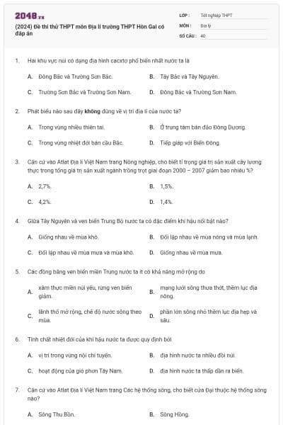 (2024) Đề thi thử THPT môn Địa lí trường THPT Hòn Gai có đáp án