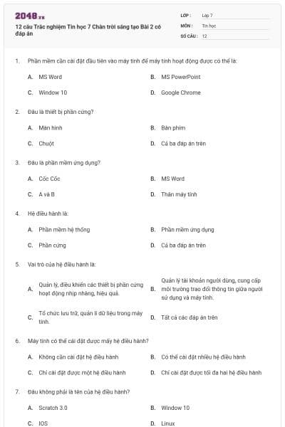 12 câu Trắc nghiệm Tin học 7 Chân trời sáng tạo Bài 2 có đáp án