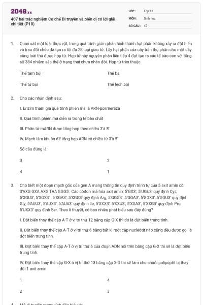 407 bài trắc nghiệm Cơ chế Di truyền và biến dị có lời giải chi tiết (P10)