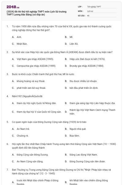 (2024) Đề thi thử tốt nghiệp THPT môn Lịch Sử trường THPT Lương Đắc Bằng (có đáp án)