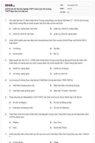(2024) Đề thi thử tốt nghiệp THPT môn Lịch Sử trường THPT Nga Sơn (có đáp án)