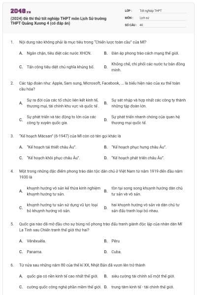 (2024) Đề thi thử tốt nghiệp THPT môn Lịch Sử trường THPT Quảng Xương 4 (có đáp án)