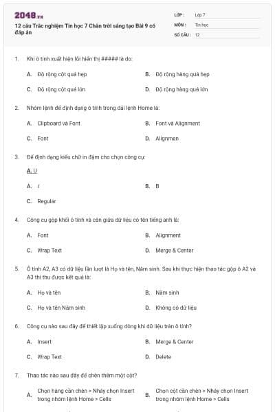 12 câu Trắc nghiệm Tin học 7 Chân trời sáng tạo Bài 9 có đáp án