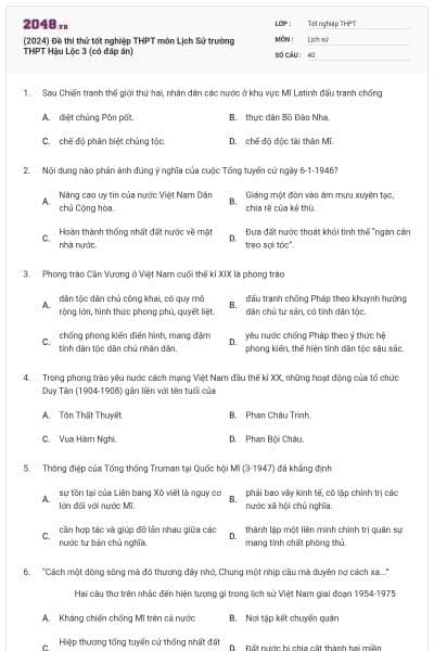 (2024) Đề thi thử tốt nghiệp THPT môn Lịch Sử trường THPT Hậu Lộc 3 (có đáp án)