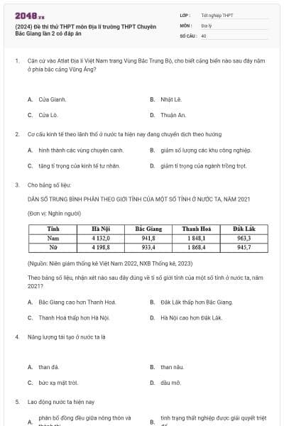 (2024) Đề thi thử THPT môn Địa lí trường THPT Chuyên Bắc Giang lần 2 có đáp án