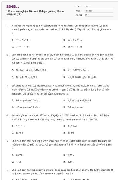 125 câu trắc nghiệm Dẫn xuất Halogen, Ancol, Phenol nâng cao (P2)