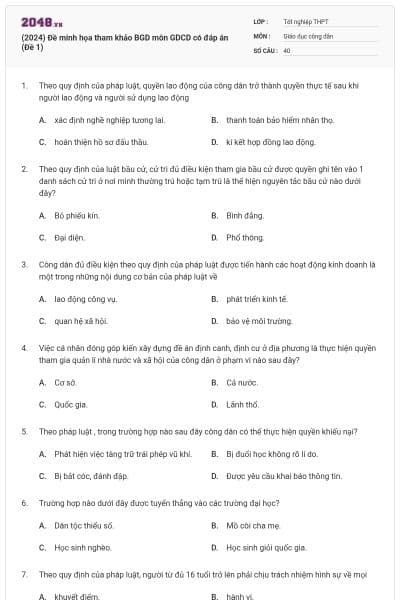 (2024) Đề minh họa tham khảo BGD môn GDCD có đáp án (Đề 1)