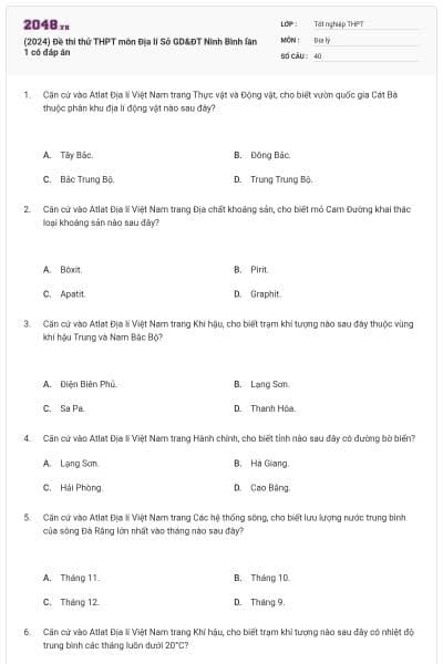 (2024) Đề thi thử THPT môn Địa lí Sở GD&ĐT Ninh Bình lần 1 có đáp án