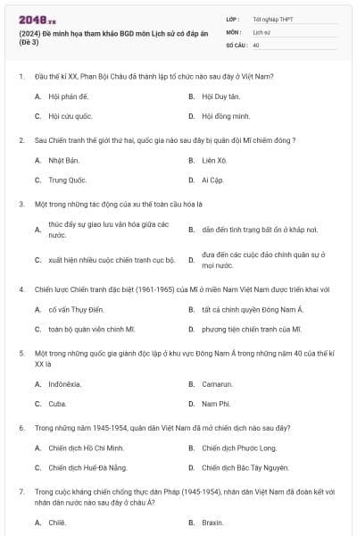 (2024) Đề minh họa tham khảo BGD môn Lịch sử có đáp án (Đề 3)