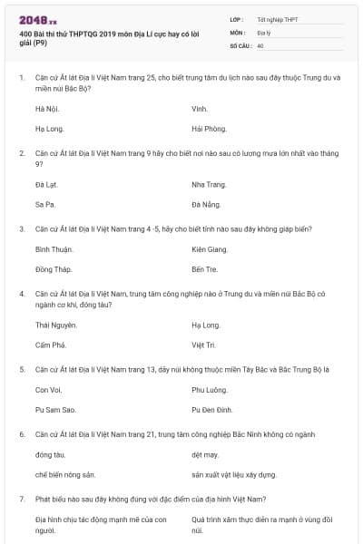 400 Bài thi thử THPTQG 2019 môn Địa Lí cực hay có lời giải (P9)