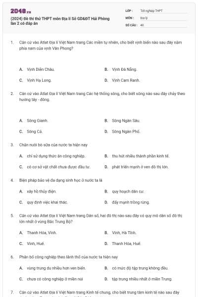 (2024) Đề thi thử THPT môn Địa lí Sở GD&ĐT Hải Phòng lần 2 có đáp án