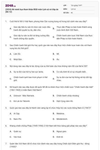 (2024) Đề minh họa tham khảo BGD môn Lịch sử có đáp án (Đề 12)