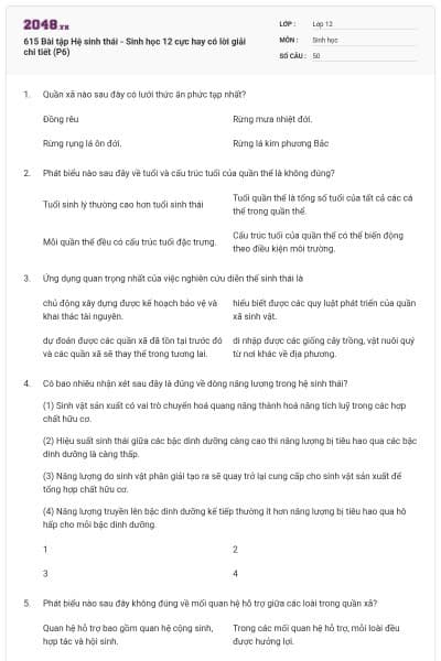 615 Bài tập Hệ sinh thái - Sinh học 12 cực hay có lời giải chi tiết (P6)