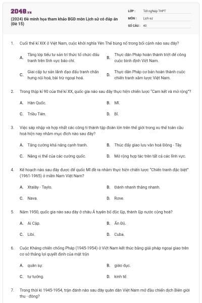 (2024) Đề minh họa tham khảo BGD môn Lịch sử có đáp án (Đề 15)