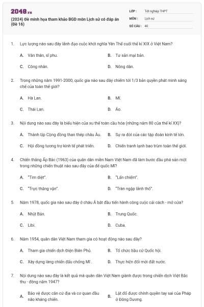 (2024) Đề minh họa tham khảo BGD môn Lịch sử có đáp án (Đề 16)