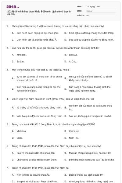 (2024) Đề minh họa tham khảo BGD môn Lịch sử có đáp án (Đề 18)