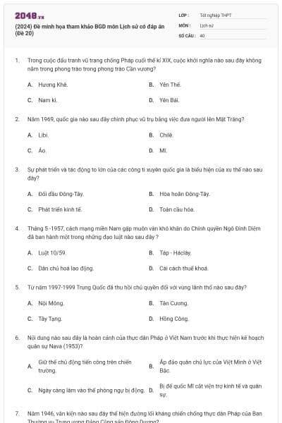 (2024) Đề minh họa tham khảo BGD môn Lịch sử có đáp án (Đề 20)