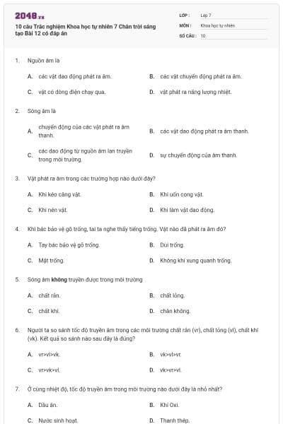 10 câu Trắc nghiệm Khoa học tự nhiên 7 Chân trời sáng tạo Bài 12 có đáp án