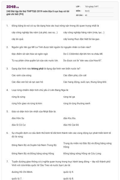 240 Bài tập thi thử THPTQG 2019 môn Địa lí cực hay có lời giải chi tiết (P4)