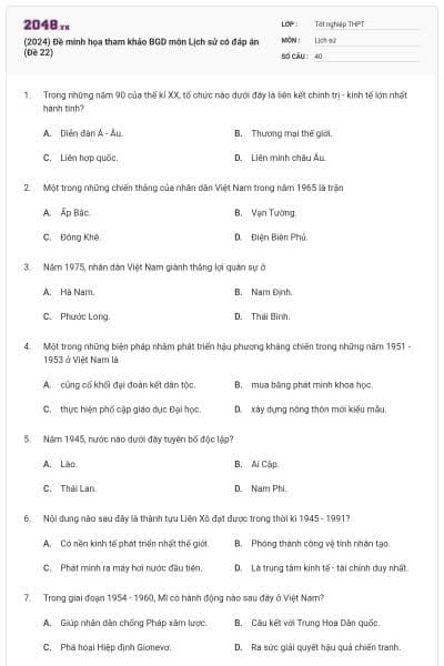 (2024) Đề minh họa tham khảo BGD môn Lịch sử có đáp án (Đề 22)