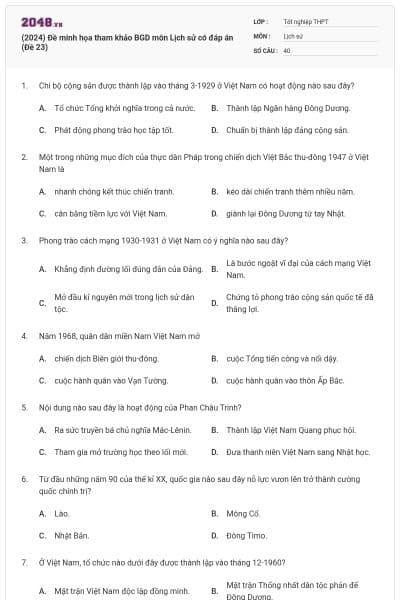(2024) Đề minh họa tham khảo BGD môn Lịch sử có đáp án (Đề 23)