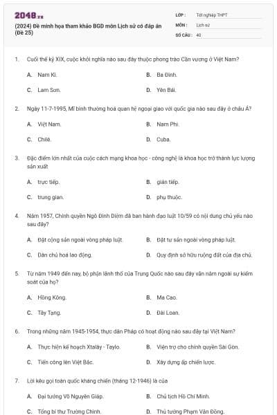 (2024) Đề minh họa tham khảo BGD môn Lịch sử có đáp án (Đề 25)