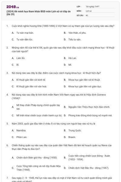 (2024) Đề minh họa tham khảo BGD môn Lịch sử có đáp án (Đề 29)