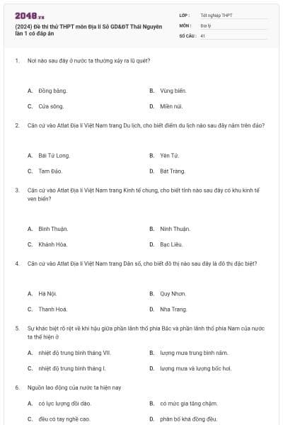(2024) Đề thi thử THPT môn Địa lí Sở GD&ĐT Thái Nguyên lần 1 có đáp án