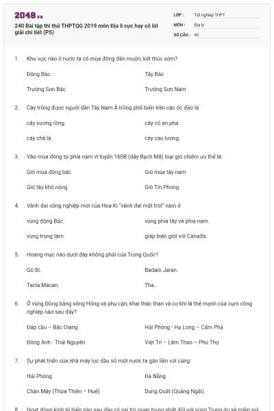 240 Bài tập thi thử THPTQG 2019 môn Địa lí cực hay có lời giải chi tiết (P5)