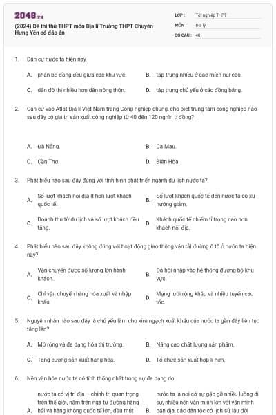 (2024) Đề thi thử THPT môn Địa lí Trường THPT Chuyên Hưng Yên có đáp án